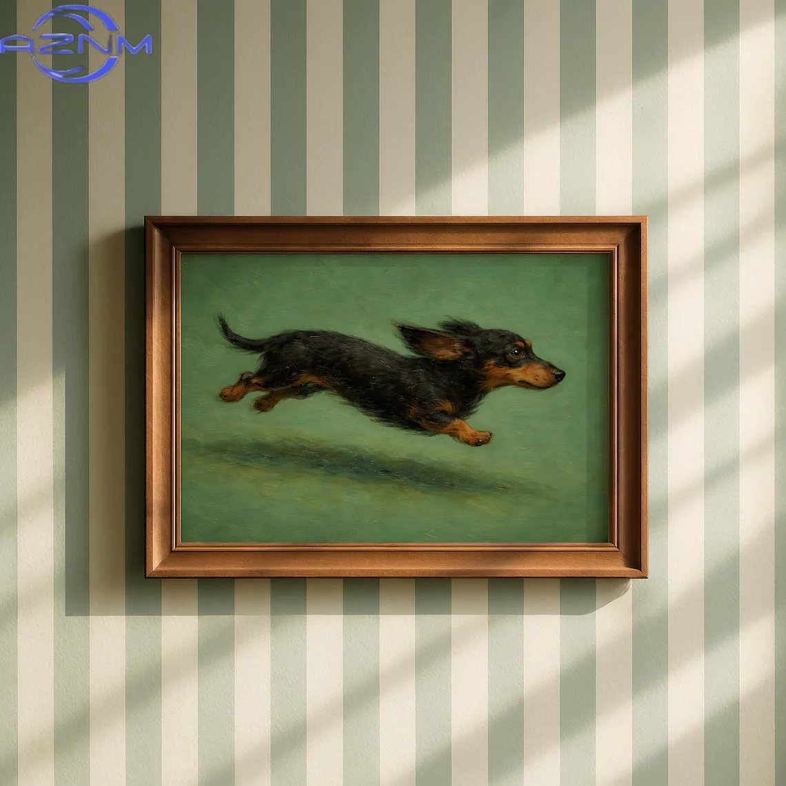 AZNM Classic Oil Painting Style Dachshund Wall Print Decor - Timeless Illustration of a Energetic Black-and-Tan Dachshund Mid-Le