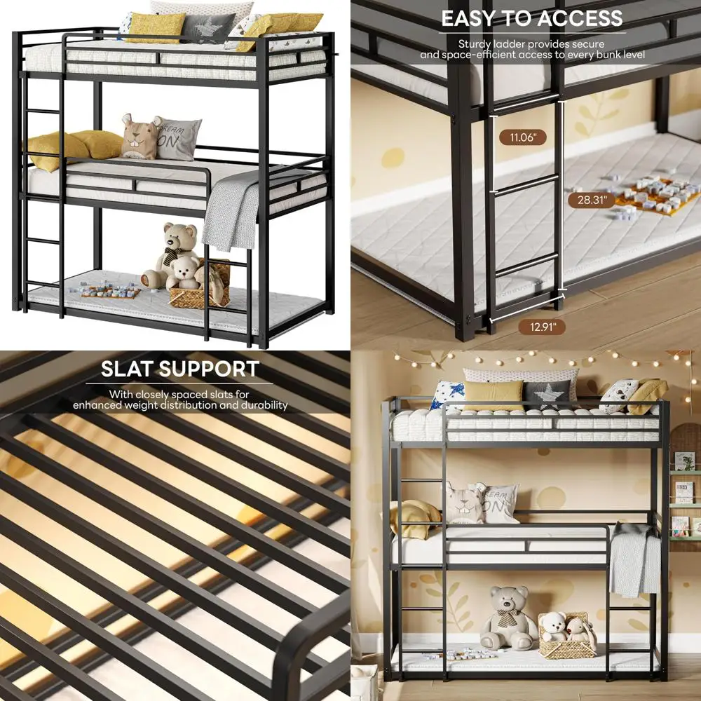 Twin Over Twin Over Twin Triple Bunk Bed with Metal Frame and Guardrails for Bedrooms
