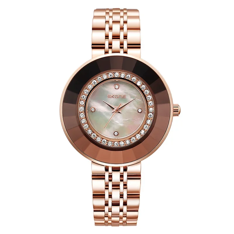 SKONE Women's Wristwatch New Fashion Round Diamond Dial Waterproof Stylish Steel Belt Female's Watches