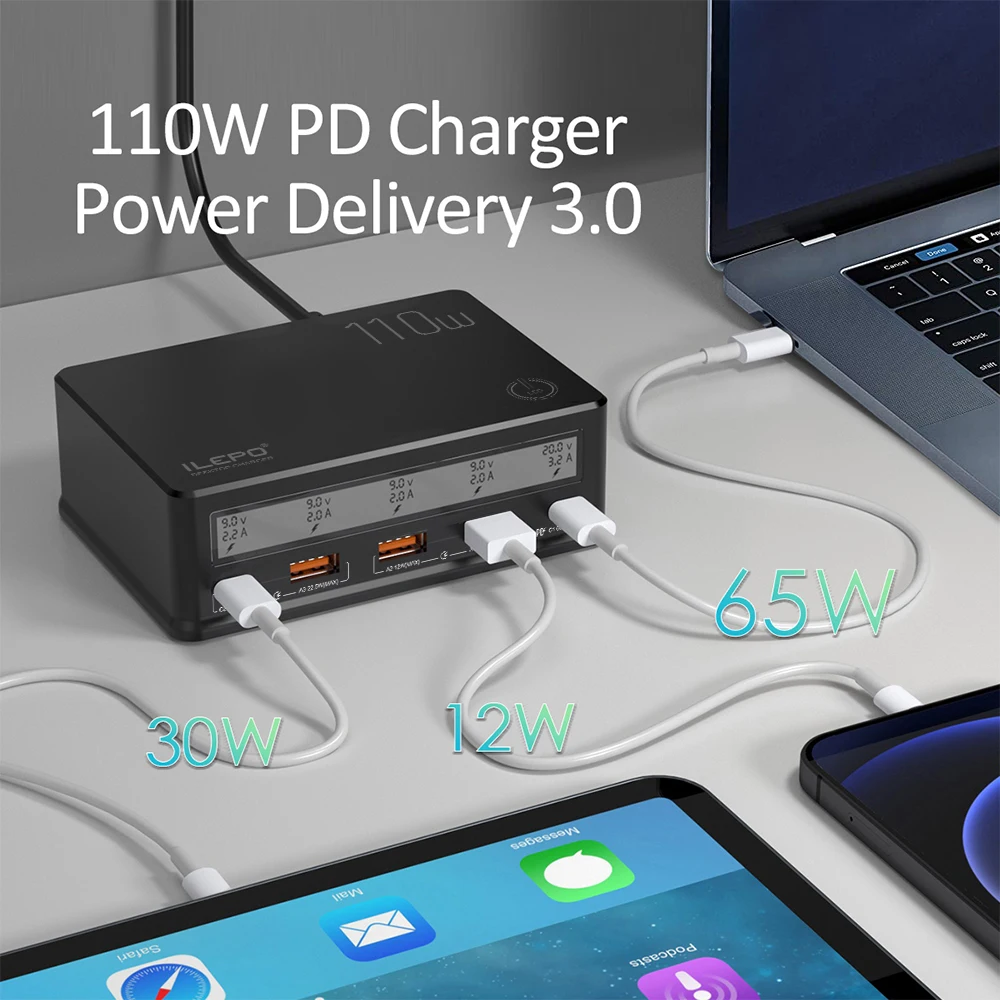 ILEPO 110 واط 5 ميناء USB شاحن PD USB C سوبر سريع شاحن آيفون 14 13 برو ماكس الكمبيوتر المحمول سامسونج شاومي شاشة العرض