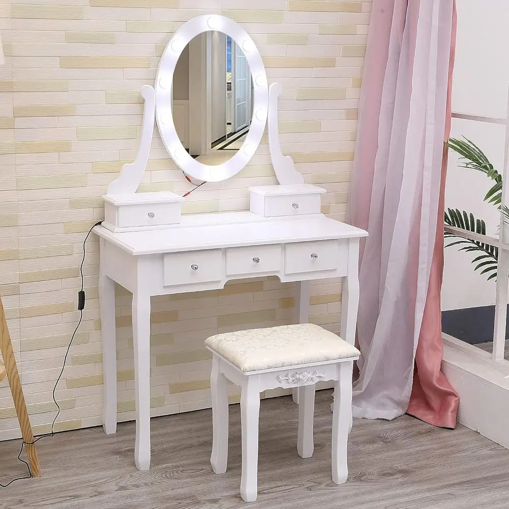 Vanity Desk with Mirror and Lights, Wood Makeup Dring Table with Oval Mirror & Stool,ern Bedroom Dring Table with 5 Large Ders o