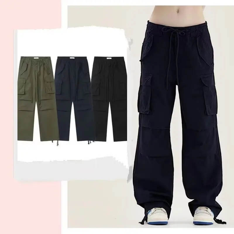 Plus size  Trendy retro high waisted slimming work pants for women  new thin  loose  multi pocket casual straight leg floor pant