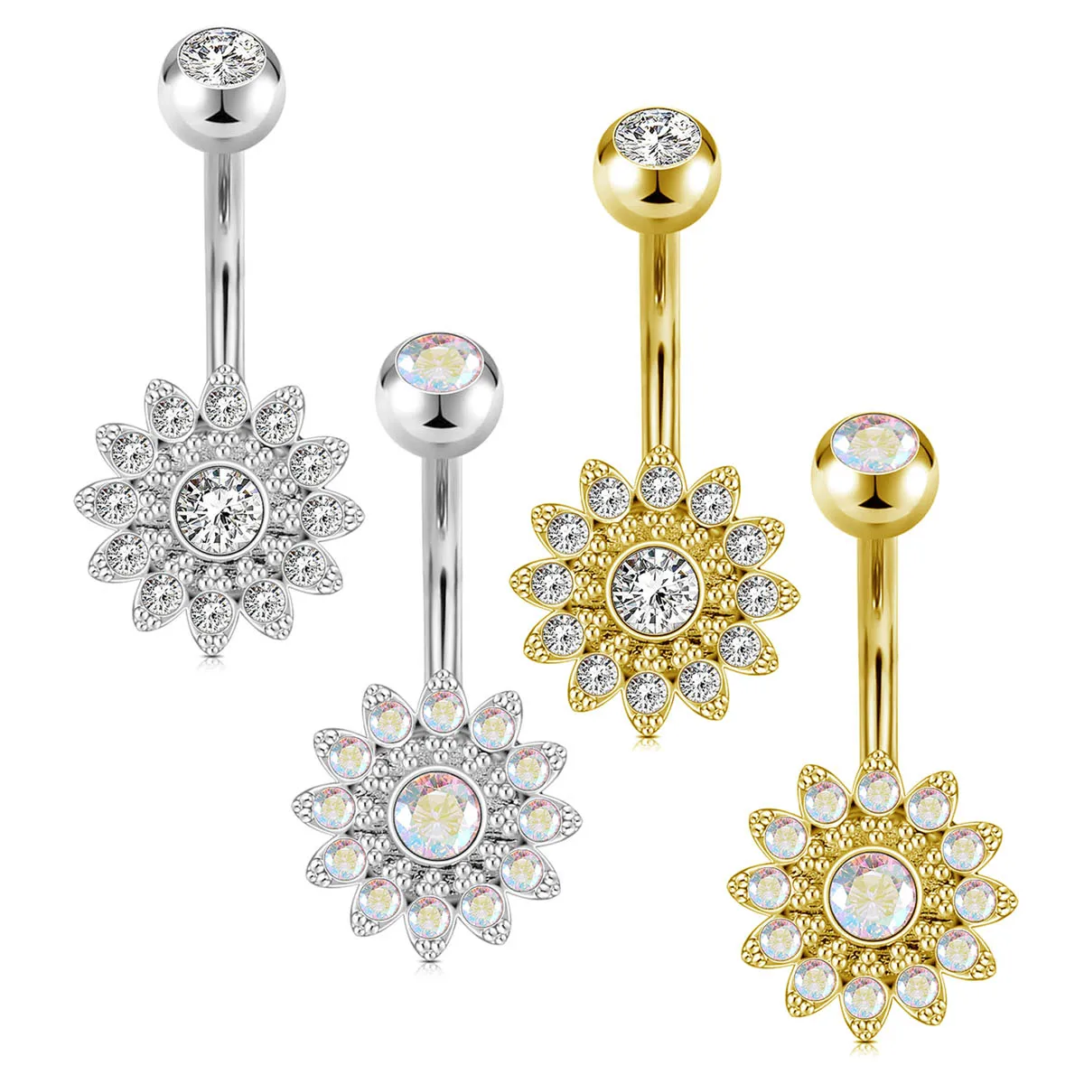 Sunflower Belly Button Ring White AB Zircon Bling Bling Nail Navel Ring Stainless Steel Umbilical Ring Women's Piercing Jewelry