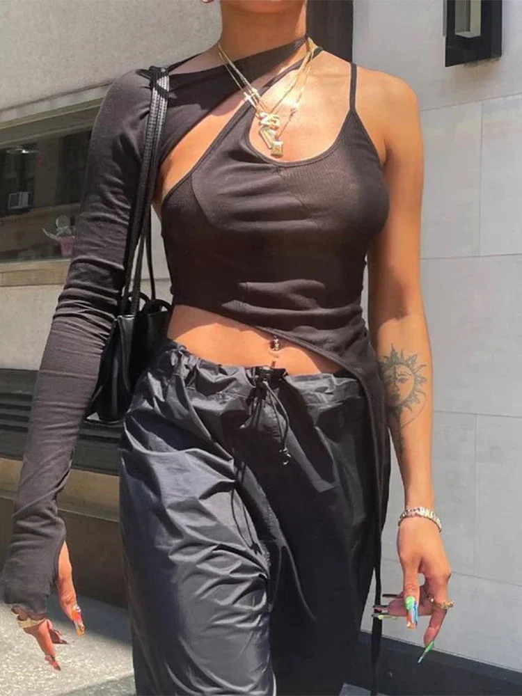 

Модная вечерняя клубная одежда, женские сексуальные футболки с лямкой на шее, осенние асимметричные укороченные топы на одно плечо, новинка 2025, женский жилет с открытой спиной, топы Y2K