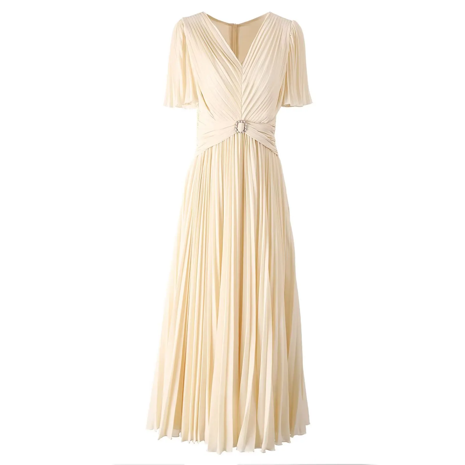 

Meyyithun Women's Dresses Beading Pleated Long Dress V-Neck Short Sleeve Solid Color Vintage Dresses Fashion Summer 250311Z02