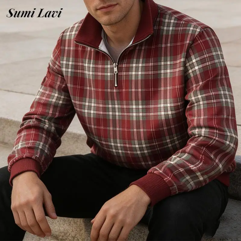 Daily Leisure Stand Collar Shirts Mens Trendy Skinny Striped Plaid Sweatshirts Men Autumn Contrast Color Long Sleeve Shirt Tops