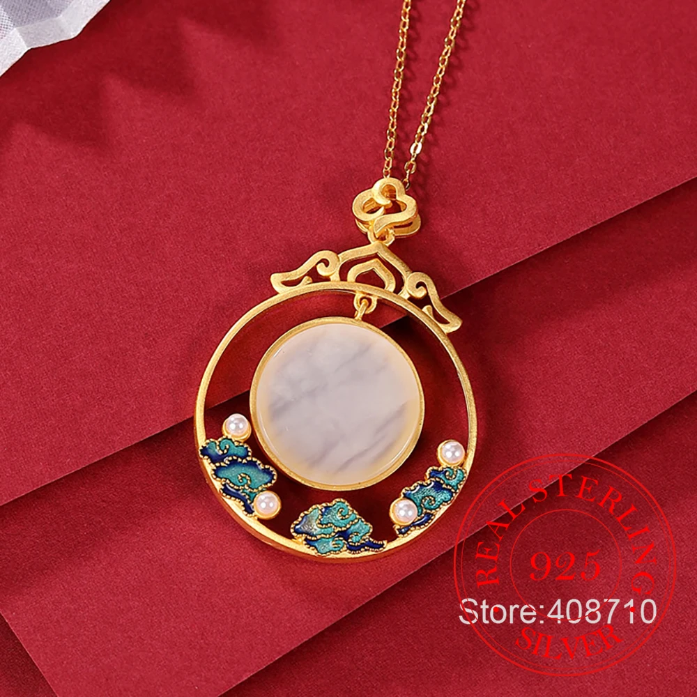 925 Sterling Silver Jewelry 18K Gold Plated Natural Jade Agate Clound Necklace Pendant for Women Wedding Party Jewelry Gift
