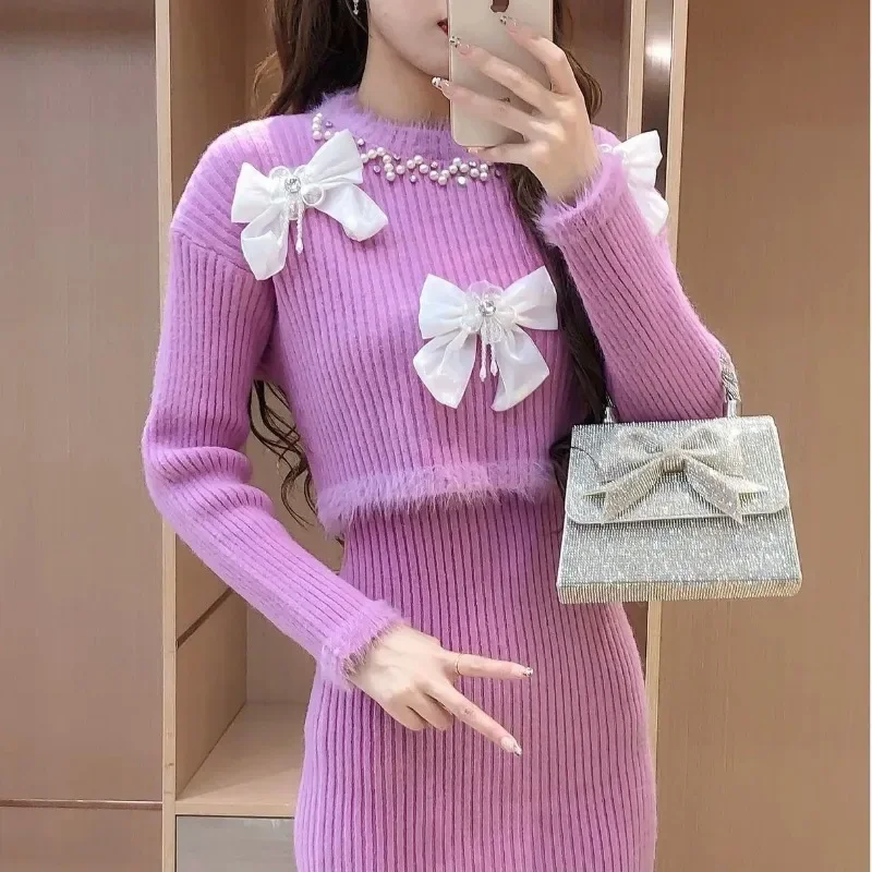 Women Two Piece Sets French Fashion Beading Bow Tassel Short Sweater Sleeveless Knitted Dress Autumn Winter Sweet Suit