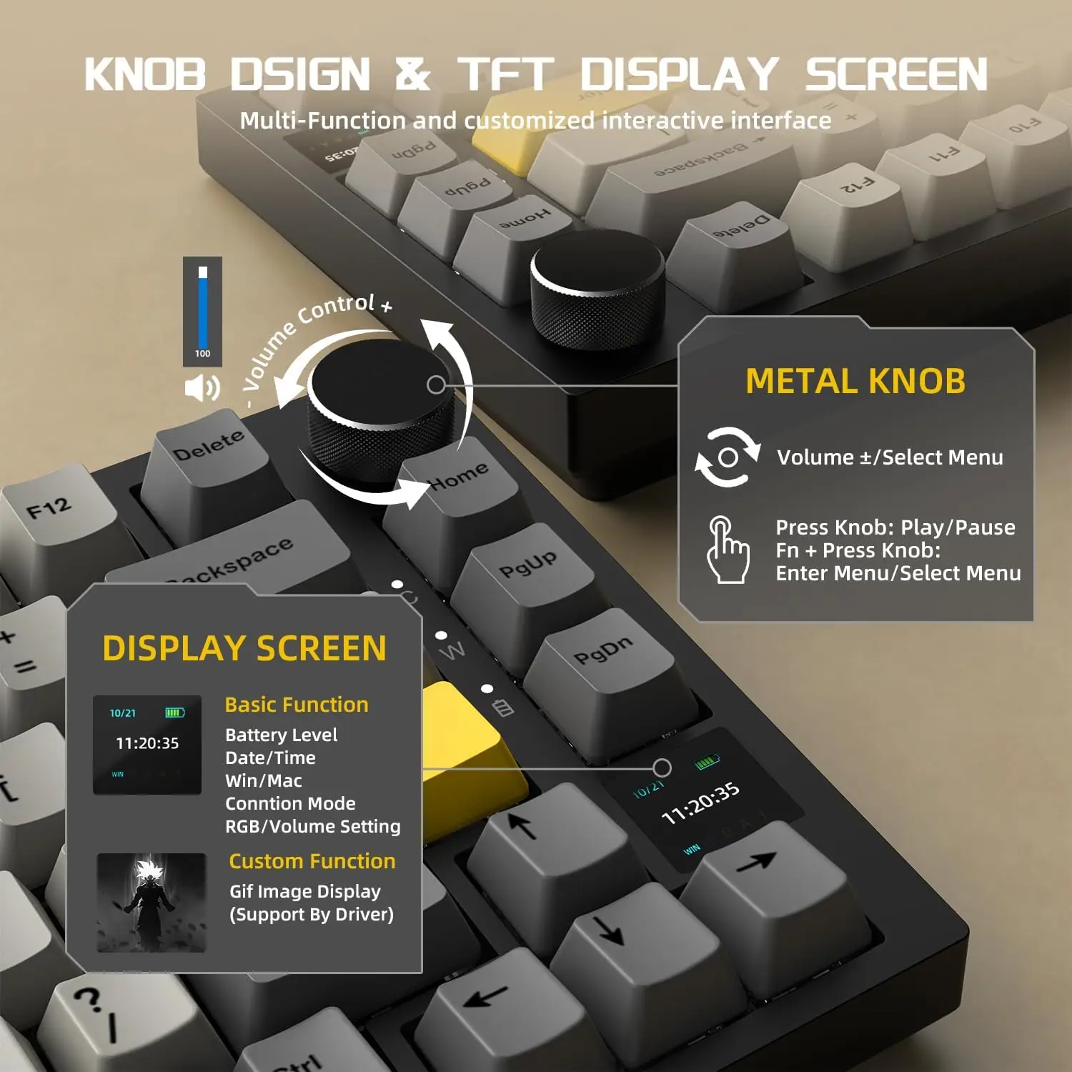 ATTACK 샤크 × Ajazz 무선 기계식 키보드, BT5.1, USB-C, TFT 스마트 디스플레이 및 노브, PC용 핫 스왑 RGB, AK820PRO 2.4G