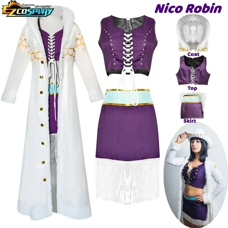 Anime Inspired Nico Robin Costume Women Purple Dress Uniform Long Fur Collar White Cloak Outfit Halloween Role Play Outfit