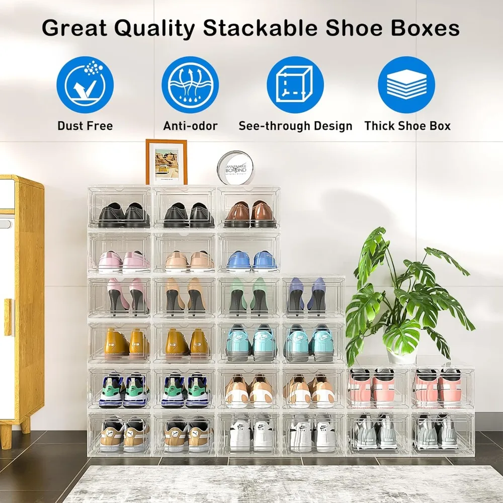 10 Pack XX Large Thicken Sturdy Hard Plastic Clear Stackable Shoe Storage Boxes for Size 12, Sneaker Shoe Rack Containers Holder