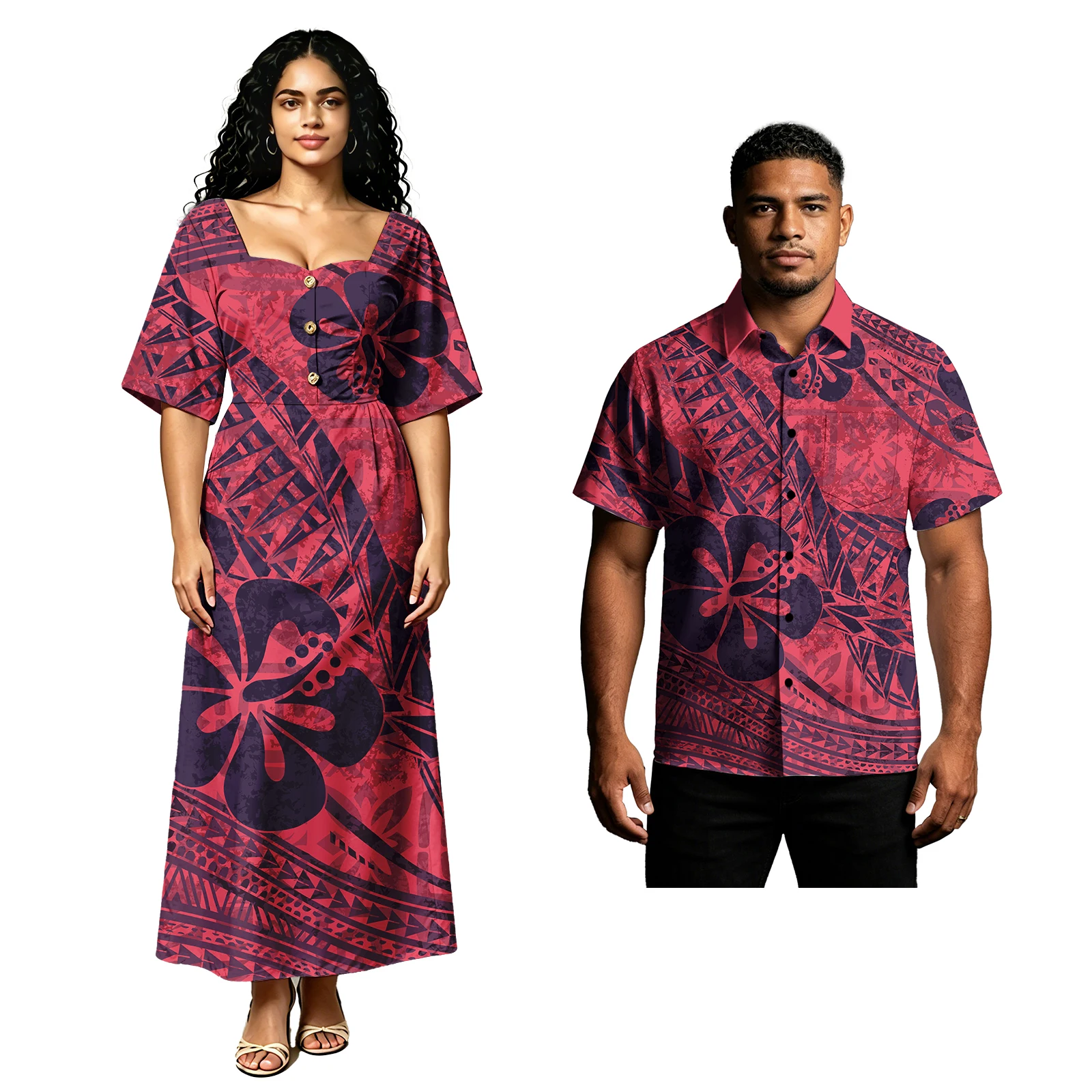 Party Polynesian Tribal Style Men Shirts Ladies Sweetheart Neckline Samoan Dress Pacific Hawaiian Hibiscus Print Couple of Set