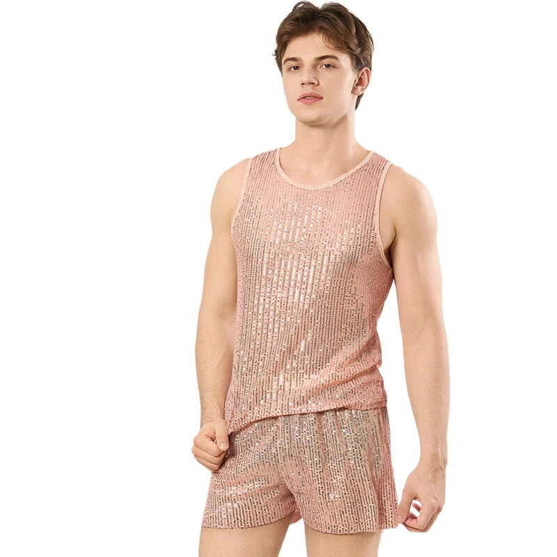 Herren-Set 2-teiliges Outfit Ärmelloses Tanktop Shorts Funkelndes Nachtclub-Musikfestival Strand-Rave-Party Bühnenkostüm – Detail 1