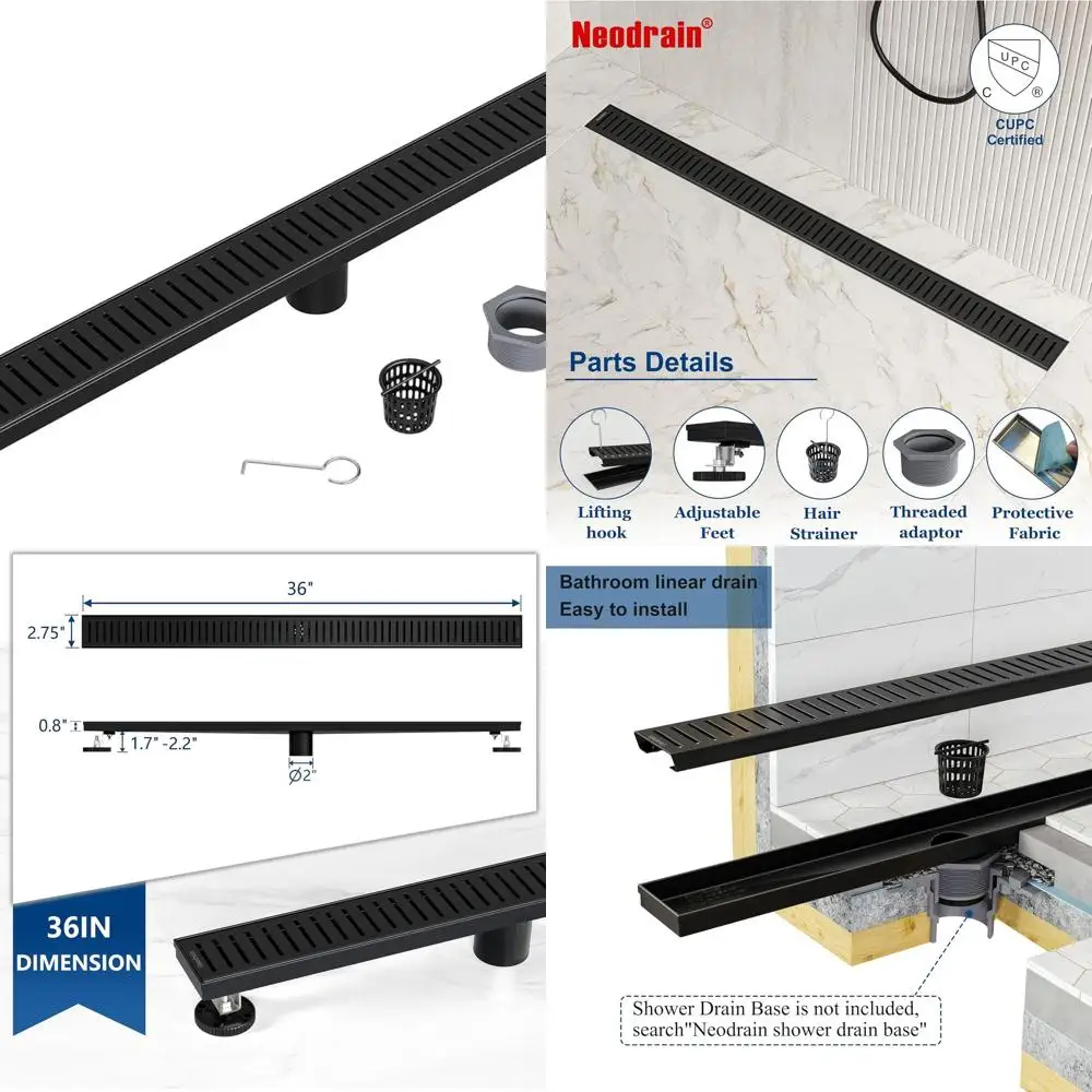 

36 Matte Black Linear Shower Drain with Removable 304 Stainless Steel Grate and Hair Catcher, CUPC Certified