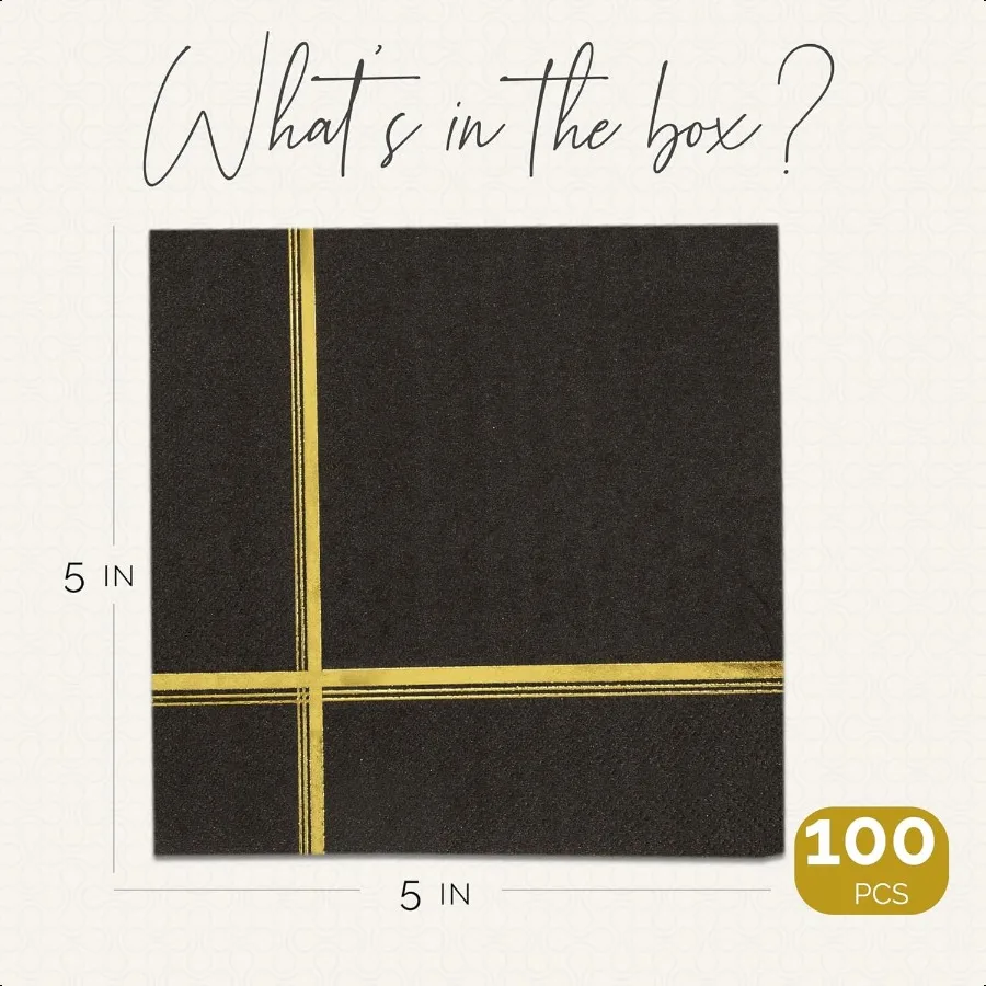 Conjunto de guardanapos pretos e dourados com 100 guardanapos de coquetel e dert de 5 x 5 polegadas com acabamento dourado perfeito para festas de casamento e eventos