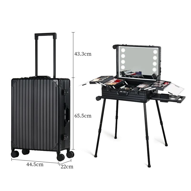 OBOX Hard Aluminum Factory Direct Commercial Trolley Makeup Box Suitcase With LED Light And Bluetooth Cosmetic Case