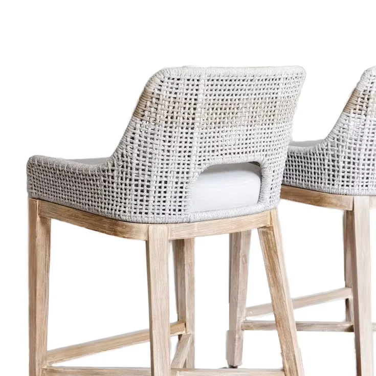 

French Retro-Style High-Legged Wicker Bar Chairs Modern Design with Vintage Backrest for Outdoor Home Dining