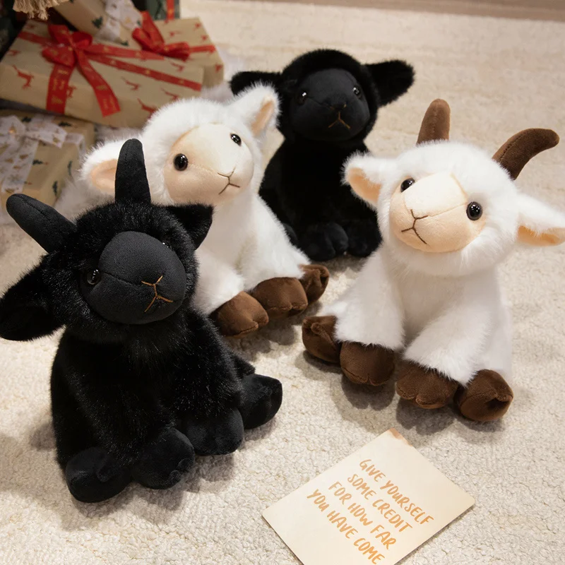 20CM Stuffed Soft Sheep Plush Toy Real Life White & Black Simulation Goat Animal Doll Creative Gift for Friends