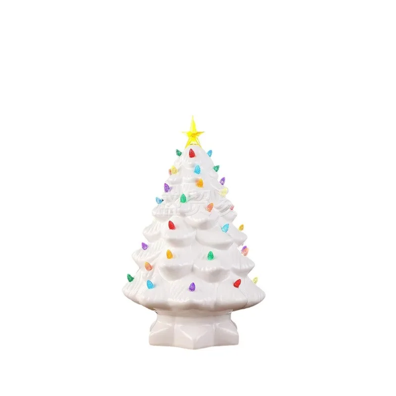 Ceramic Christmas Village Decoration Tree With Tree Topper Star Multicolored Lights For Ornaments Home Courtyard Ornaments Gift