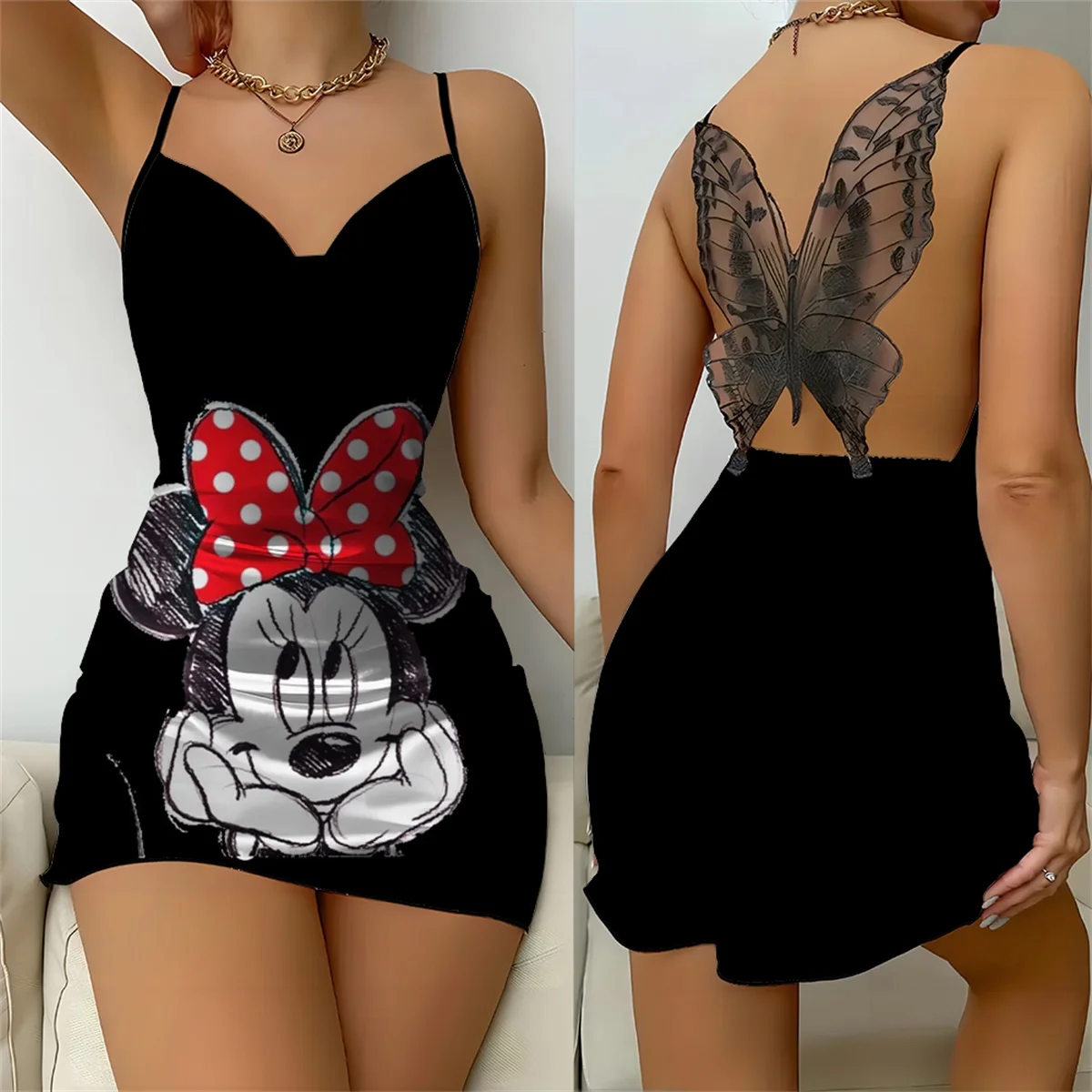 Women\'s Suspender V-neck Butterfly Backless Nightdress Sexy Nightdress Minnie Cartoon Sweet Pattern Print Home Clothing