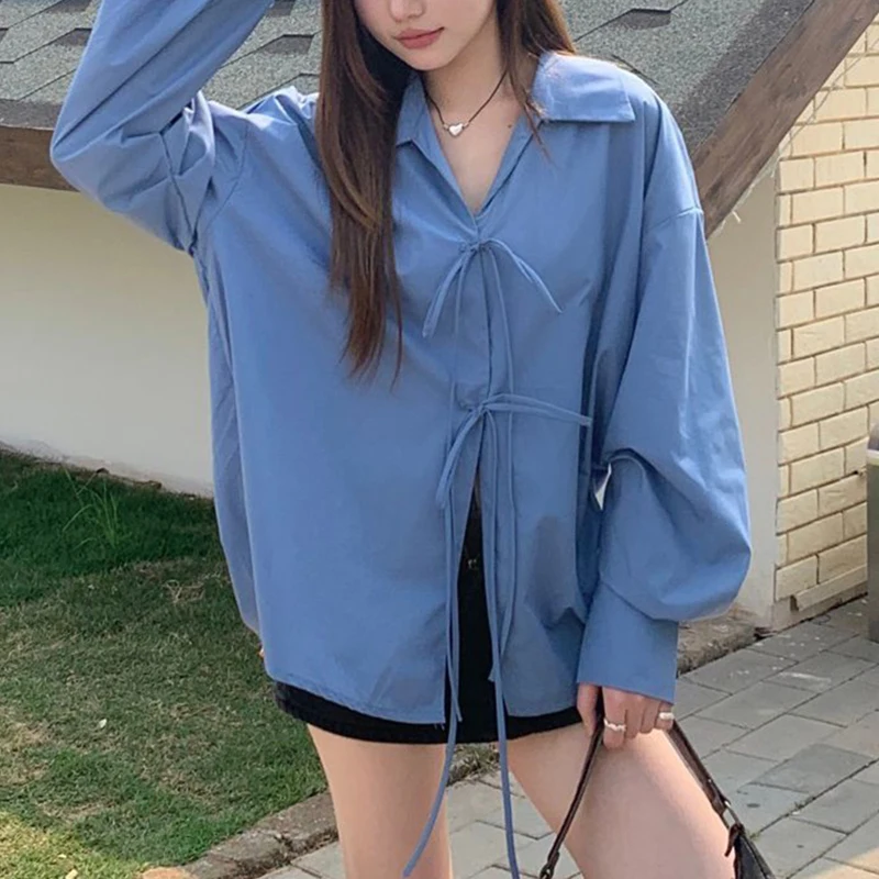 Fashion Loose Shirt Women Casual Bow Lace Up Long Sleeve Chic Blouse Spring Autumn Office Lady Solid Simple All Match Tops New