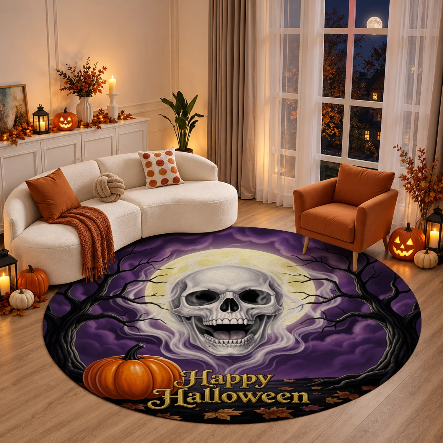 Spooky Skull Pumpkin Halloween Pattern Round Velvet Decor Mat, Machine Washable Soft Durable Accent Rug for Entryway, Living Room, Porch, Patio, Ideal for Halloween, Thanksgiving, Black Friday, Christmas, New Year Holiday Decor