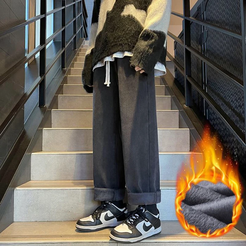 Pantalones vaqueros ajustados elásticos de felpa cálidos para hombre, pantalones vaqueros gruesos con forro polar a la moda, pantalones informales de calle alta
