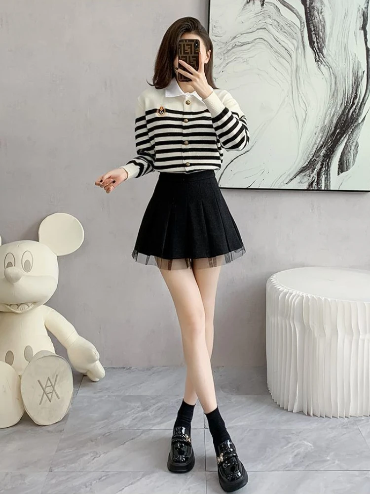 

Autumn new fake two-piece striped cardigan+pleated short skirt casual fashion temperament goddess style two-piece set