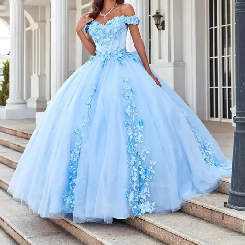 Customized Luxury Princess Girl Quinceanera Dresses Cap Sleeve 3D Flower Applique Bow Ball Gown Prom Party Dress Dancing Wear