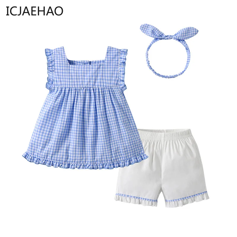 

ICJAEHAO 2024 Summer Newborn Baby Girl Two Piece Sets Sleeveless Blue Plaid Top White Shorts Korean Square Neck Children Clothes