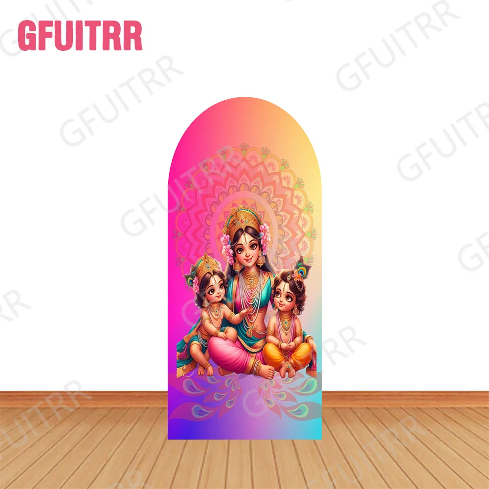 خلفية صورة على شكل قوس من Krishna، أغطية خلفية لطيفة على شكل رسوم متحركة ياسودها وكريشنا لتزيين الحفلات بنمط الدين الهندي