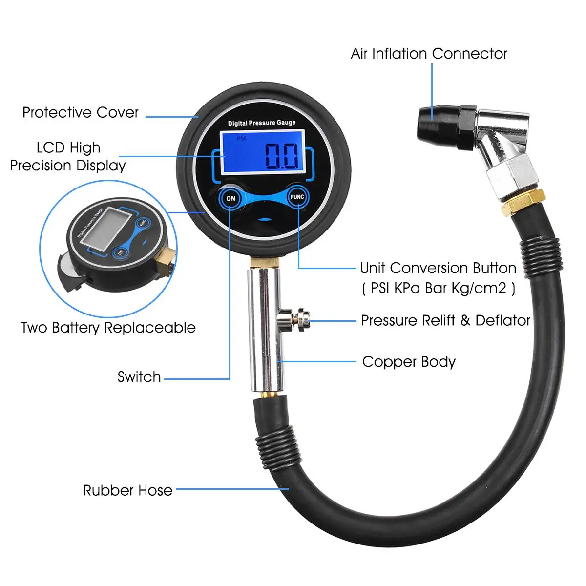 200PSI Multi-function Car Truck Air Tire Inflator Digital Pressure Gauge with Air Chuck & Hose