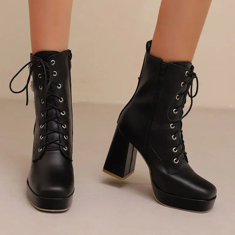 

ASILETO Высококачественные женские ботильоны с круглым носком на блочном каблуке 9,5 см, платформа 2,5 см, застежка-молния, кружевной ремень, большие размеры 45, 48 49 50