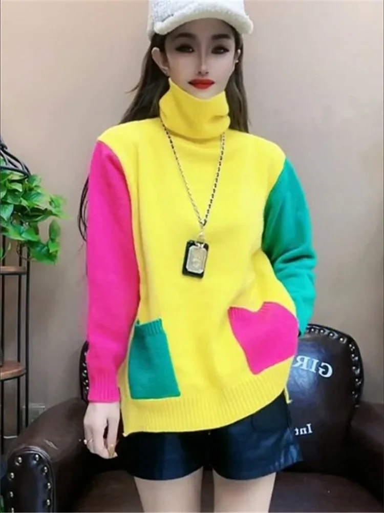 Cores casuais retalhos blusas de malha outono inverno gola alta roupas femininas commute bolsos elegantes coreano solto jumpers