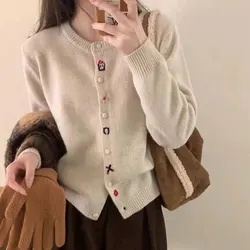 Korean Style Irregular Pattern Embroidered Wool Knitted Cardigan for Women in Autumn Winter with Round Neck Loose Sweater Jacket