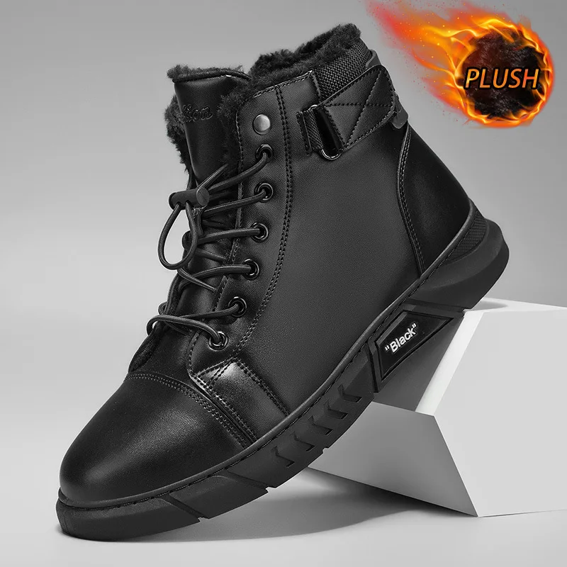 Men's Black Winter Warm Plush-Lined Ankle Boots Lace-Up Zipper Detail Waterproof Non-Slip Rubber Sole Durable Casual Footwear