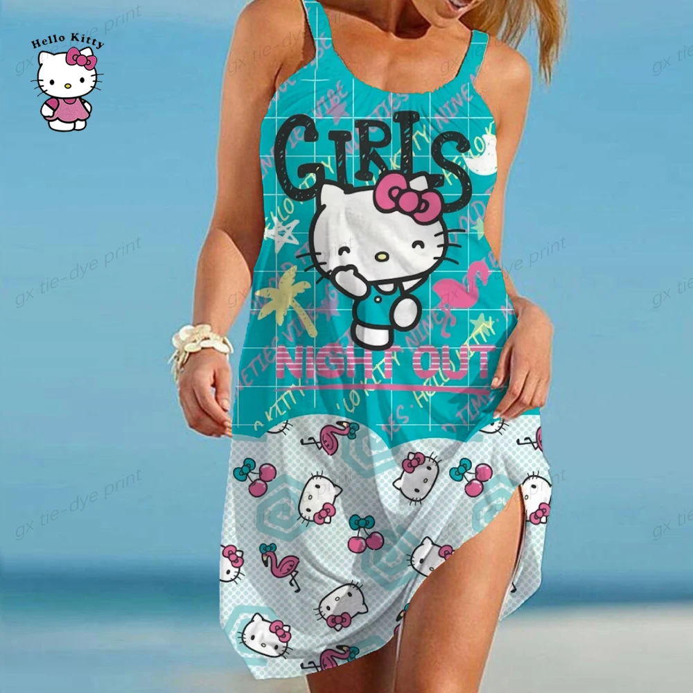 2023 seksowna sukienka damska letnia O dekolt w stylu Vintage Boho impreza na plaży sukienka plażowa Hello Kitty Oversize Sundress