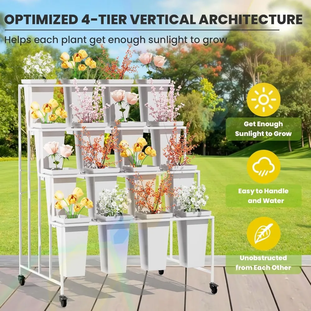 Carrello per piante mobile a 4 livelli per impieghi gravosi con 16 secchi per esposizioni floreali e facile trasporto con ruote