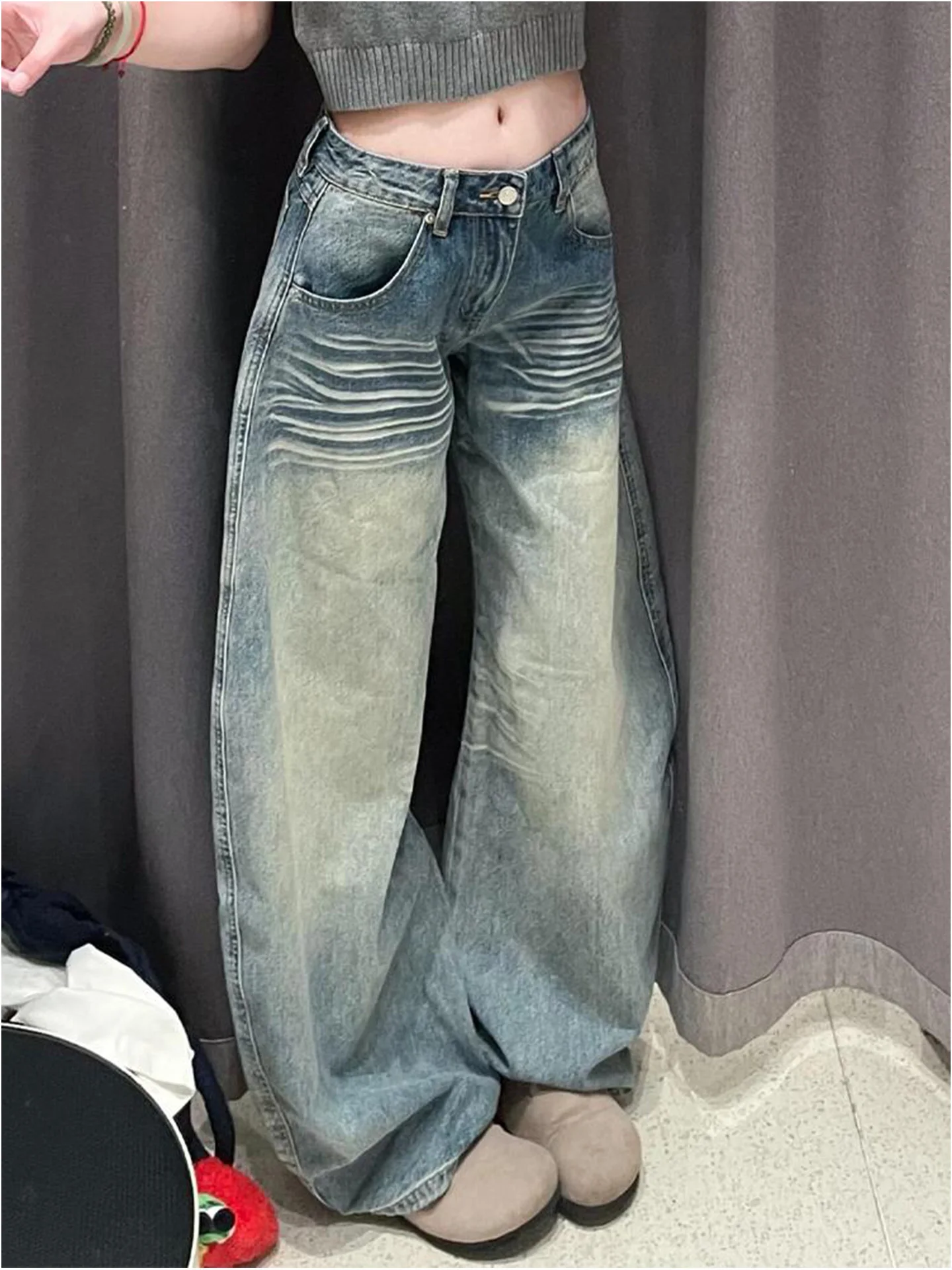 

Retro Washed Slim Fit High Waist Wide Leg Denim Jeans Women's Summer New Style American Blue Vintage Jeans Casual Wear
