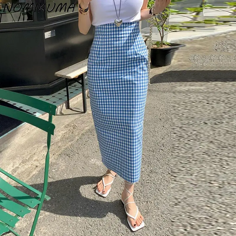 

Nomikuma Vintage Hit Color Plaid Skirts Womens Summer New High Waist Fashion Elegant Slim Long Skirts Faldas De Mujer 2023 New