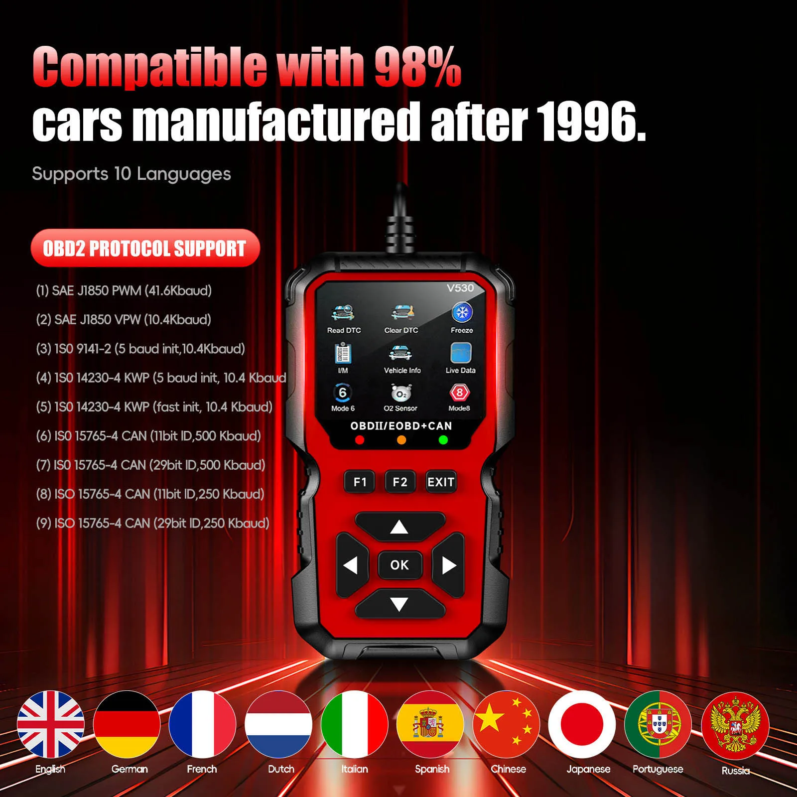 FOXSUR V530 Car Obd2 Scanner Diagnostic Tool Code Reader Scanner  Engine Fault Can Diagnose All Obd Ii Protocol Cars Since 1996