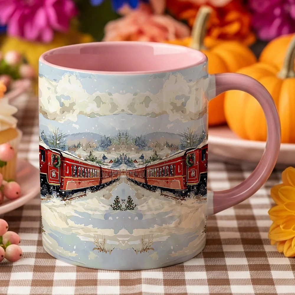 1pc Retro Steam Locomotive Christmas Train Coffee Mug - Vintage Locomotive & Snowy Tracks Design, Steam Cup for Hot Beverages, Holiday Party Favors, Gift Exchange Drinkware for Train Enthusiasts & Nostalgic Collectors, Christmas Decor