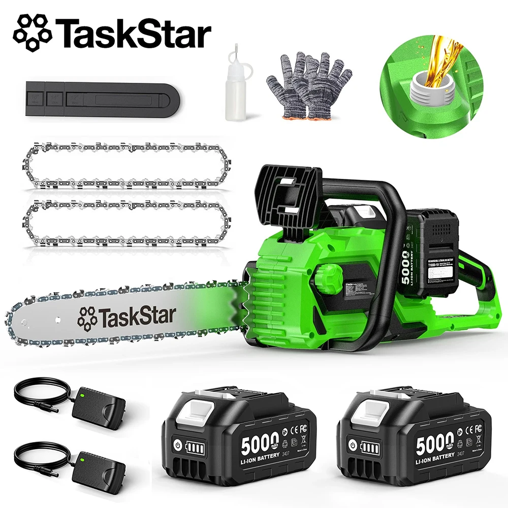 TaskStar 16 Inch Brushless Chainsaw Automatic Oiling 40V Cordless Electric Chain Saw with 2 Fast Chargers&2 5000mAh Lithium Batteries Powered Tree Cutting Logging Tool