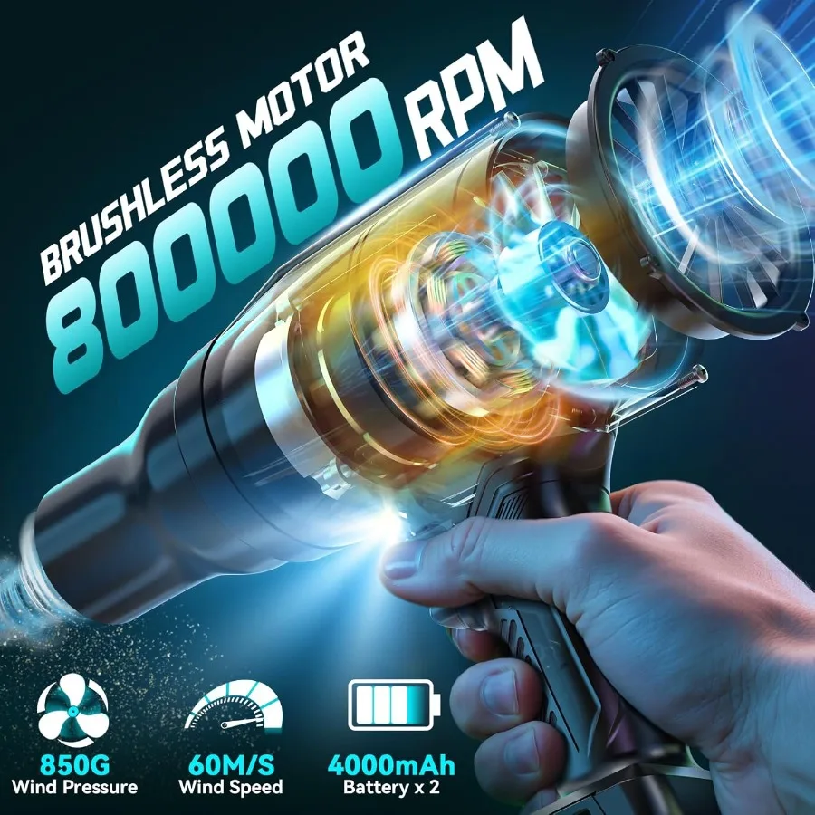 Soffiatore portatile senza fili con motore brushless da 800000 giri/min per una efficiente cura del prato, la pulizia del patio e la rimozione dei detriti include