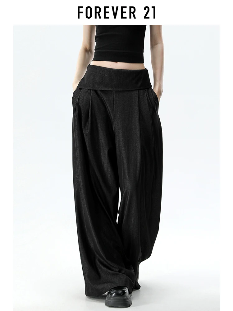 Forever 21 Pantalones anchos plisados ​​negros informales de estilo americano para mujer, pantalones holgados de verano de nuevo diseño hasta el suelo