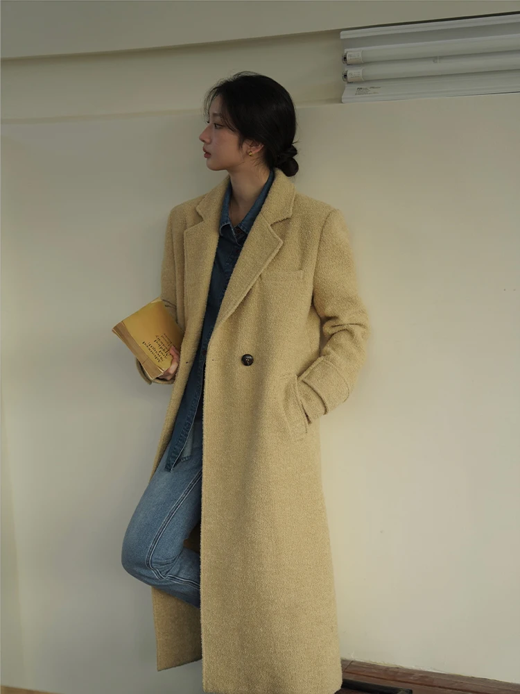 

Chillcozy Woolen Coat Long Sve Commute Sle Pure Color Straight Cut Large Jaet Cozy Warm Faionable Mid-Length Coat