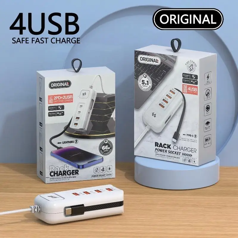 Anti Static 66W Fast Charging Power Socket 2 PD 2 USB Ports For Home Office Travel Charging Multiple Devices