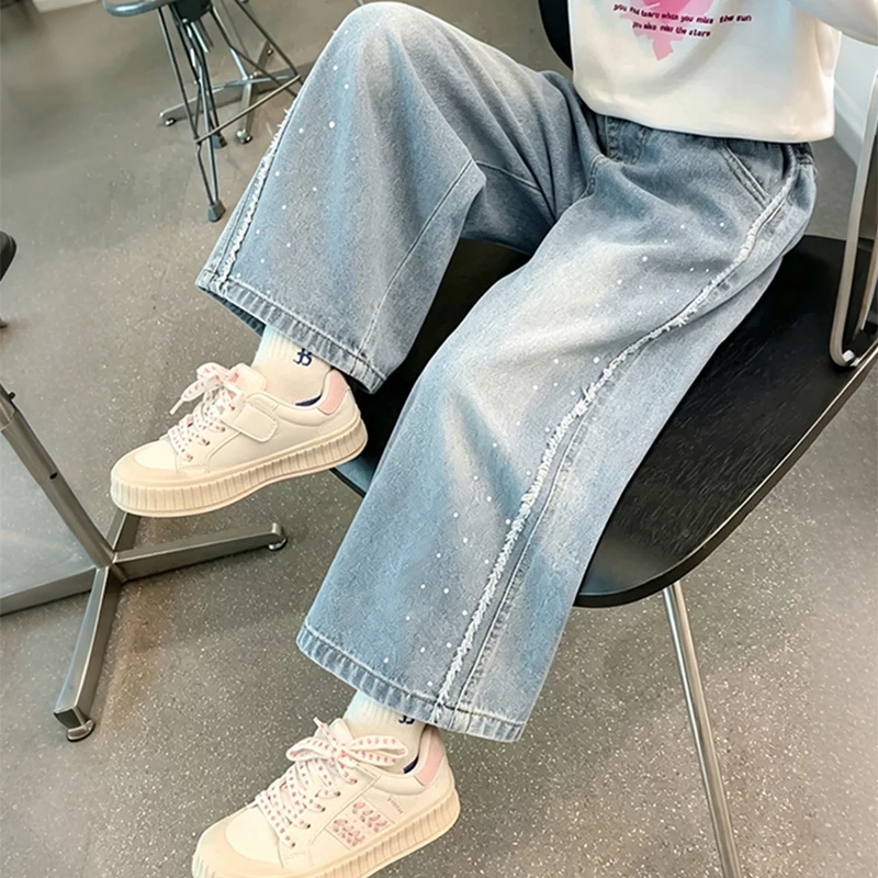 Girls' Jeans Spring and Summer Baby Girls' Washed Soft Denim Straight Wide-Leg Pants Children's Korean-Style Loose Long Pants