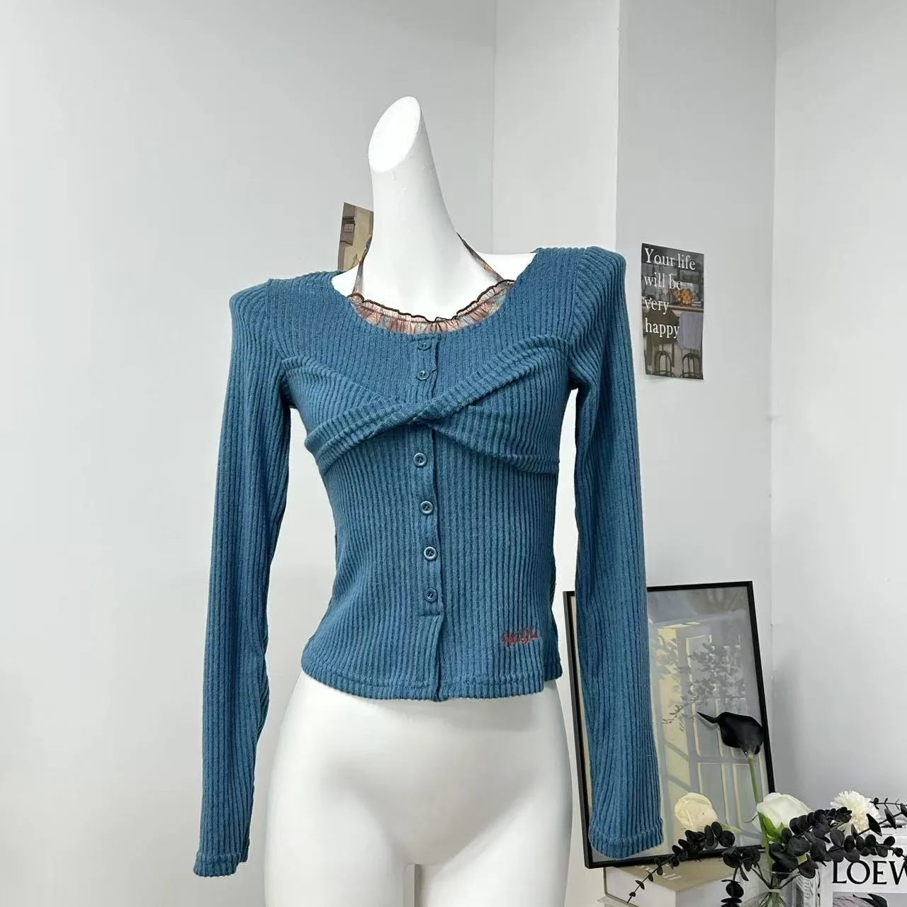 

2025 Winter New Twist Front Top Layered Mock Neck Long Sleeve Tee Blue Lace Trim Slim Fit Base Layer Chic Casual Wear