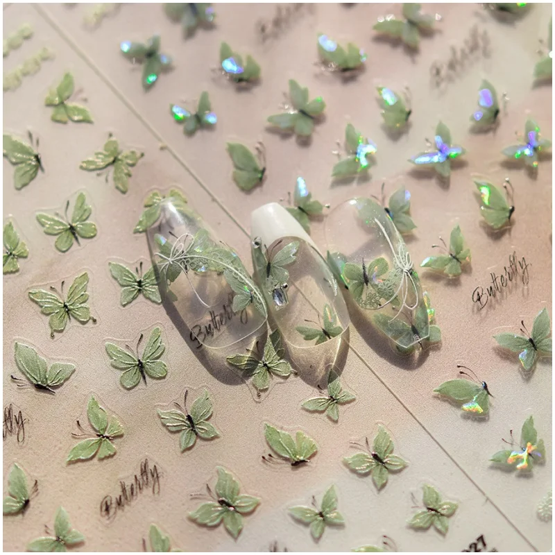 1pcs Shiny Shell Light Green Butterfly Nail Art Stickers Kawaii Acrylic Butterfly Self Adhesive Slider For Nails DIY Accessories